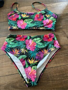 SHEIN Black Tropical Floral High-Waist Bikini Set